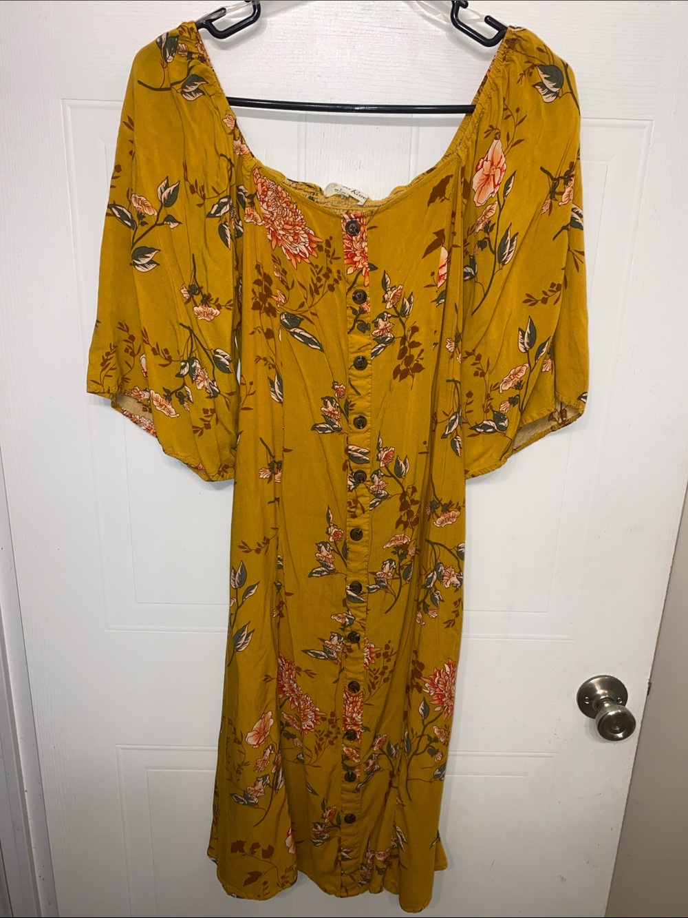 Floral Button-Front Midi Dress in Mustard